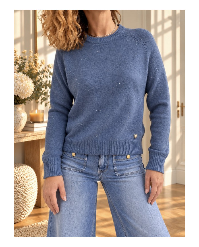 Pull bleu jean & petits brillants