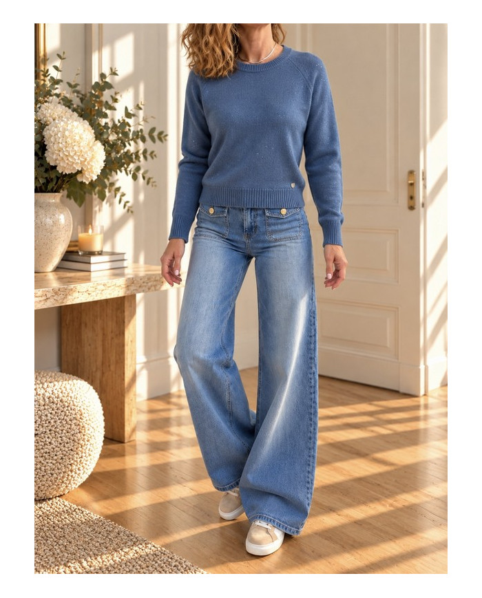 Pull bleu jean & petits brillants