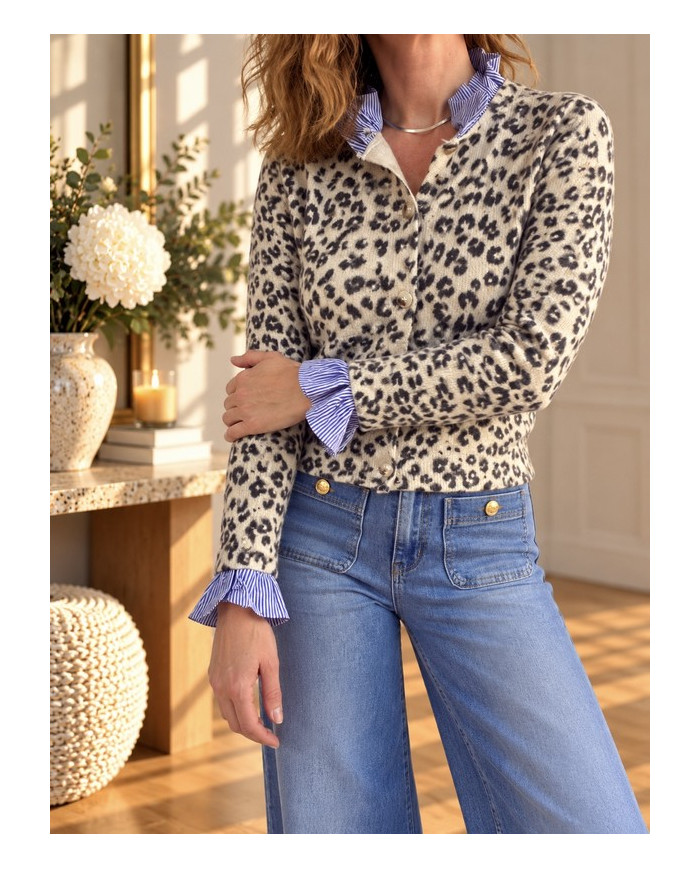 Gilet beige léopard & bleu ciel