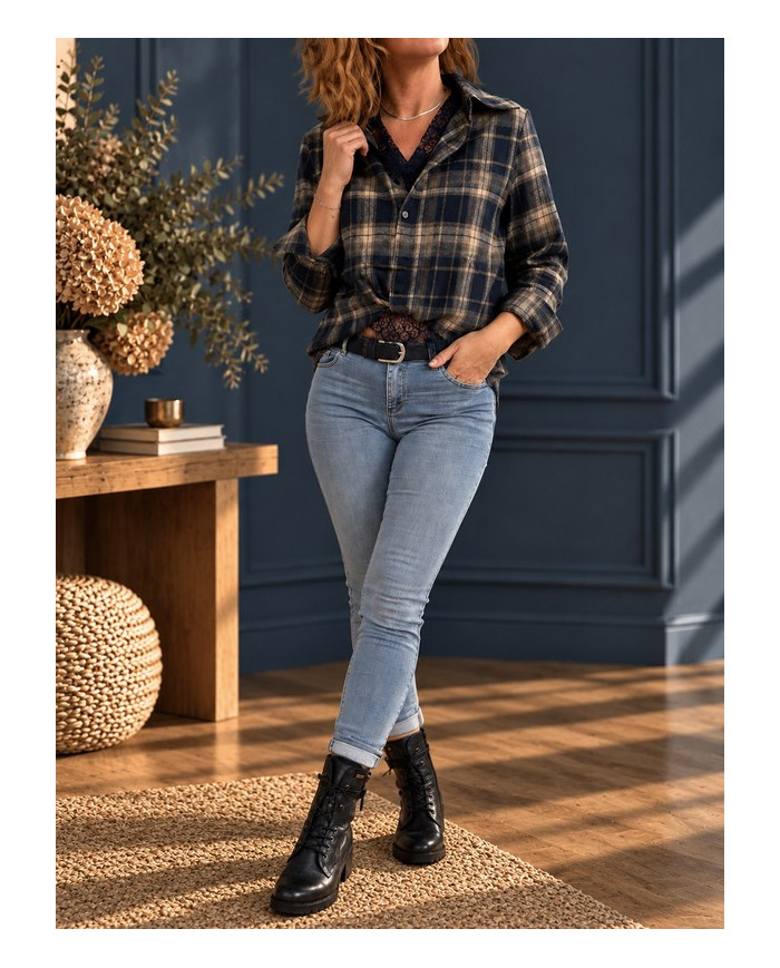Chemise & dentelle à carreaux navy Lise