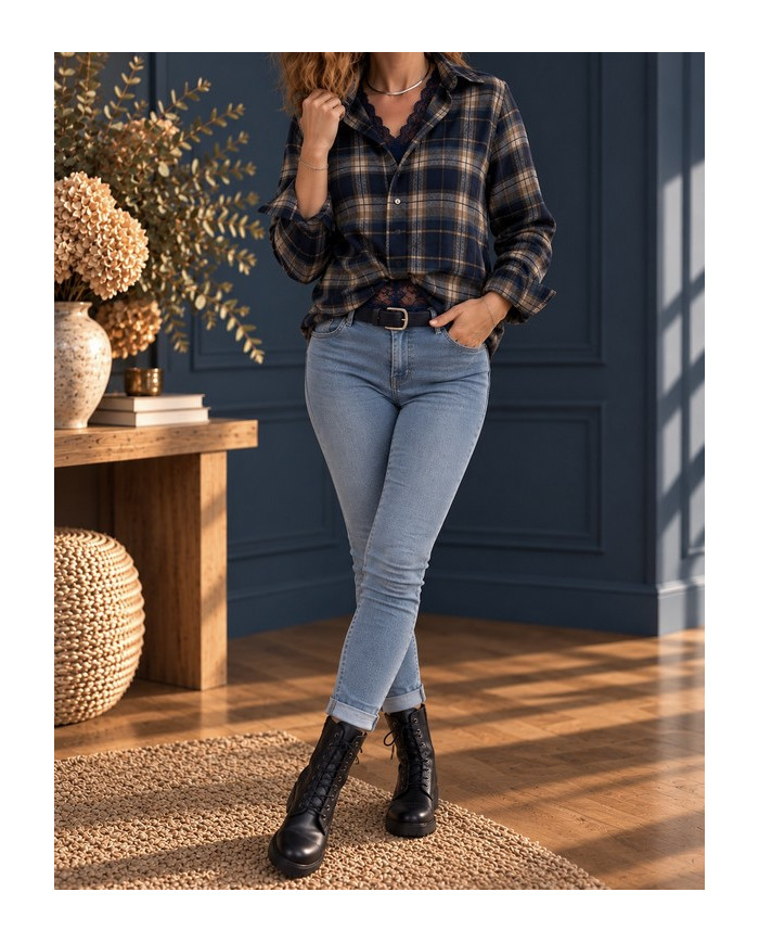 Chemise & dentelle à carreaux navy Lise