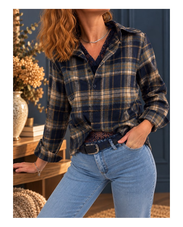Chemise & dentelle à carreaux navy Lise