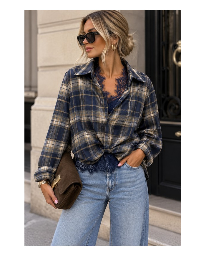 Chemise & dentelle à carreaux navy Lise