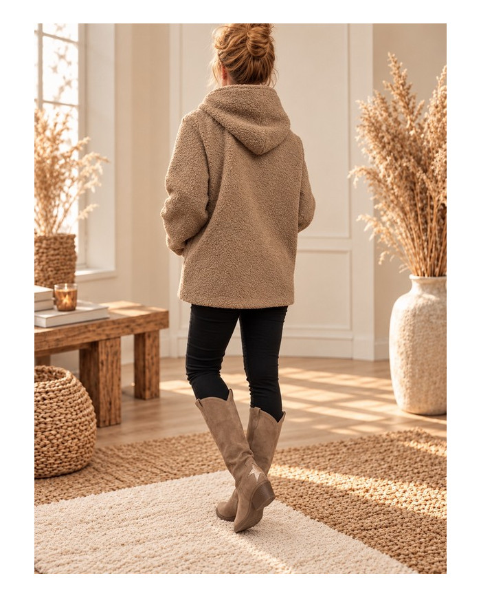 Veste à capuche bouclette beige camel