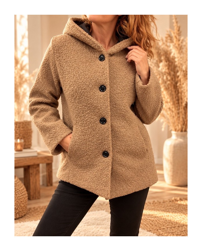 Veste à capuche bouclette beige camel
