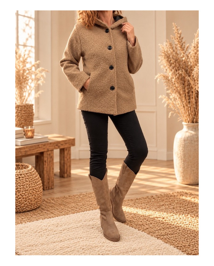 Veste à capuche bouclette beige camel