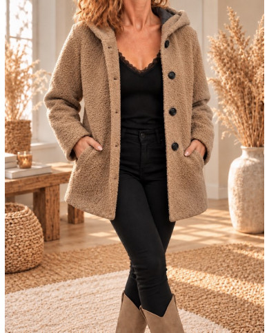 Veste à capuche bouclette beige camel