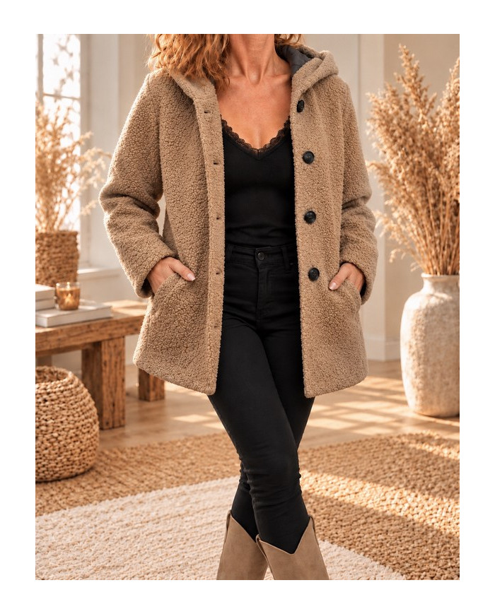 Veste à capuche bouclette beige camel