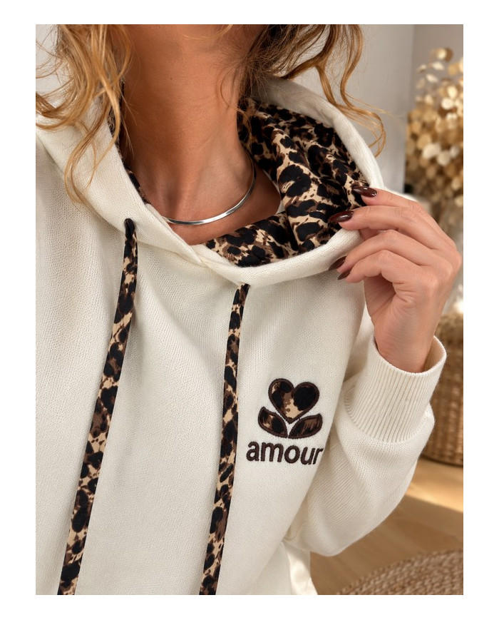 Sweat "Amour" écru & léopard