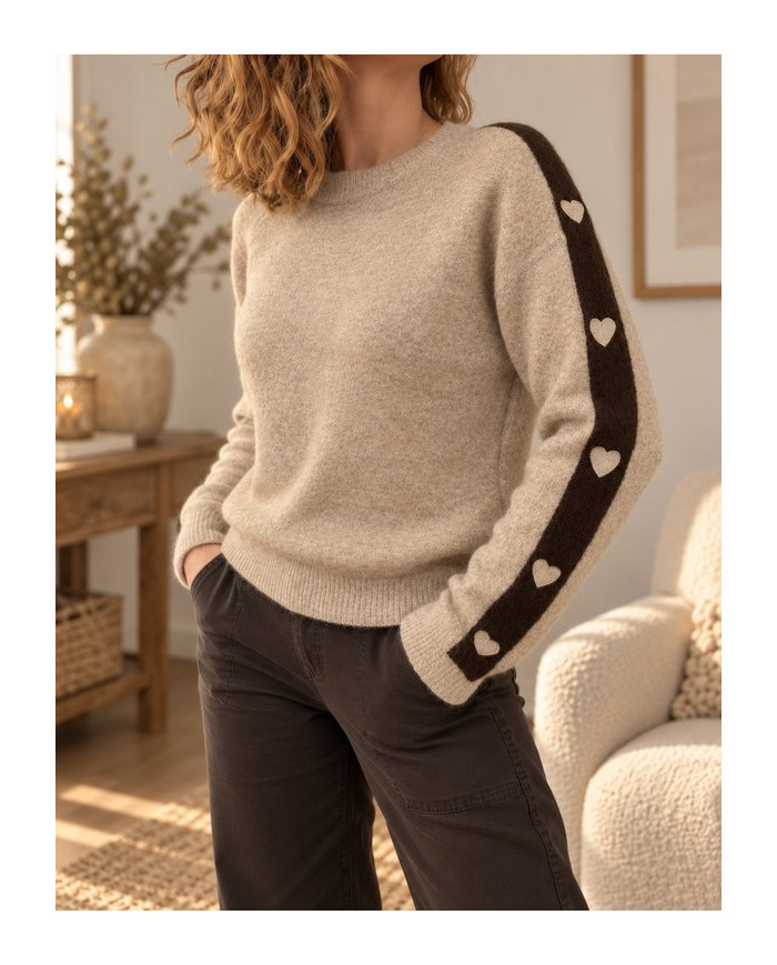 Pull taupe & petits cœurs
