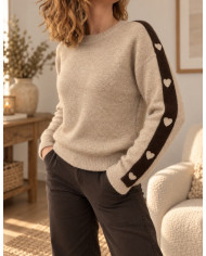 Pull taupe & petits cœurs