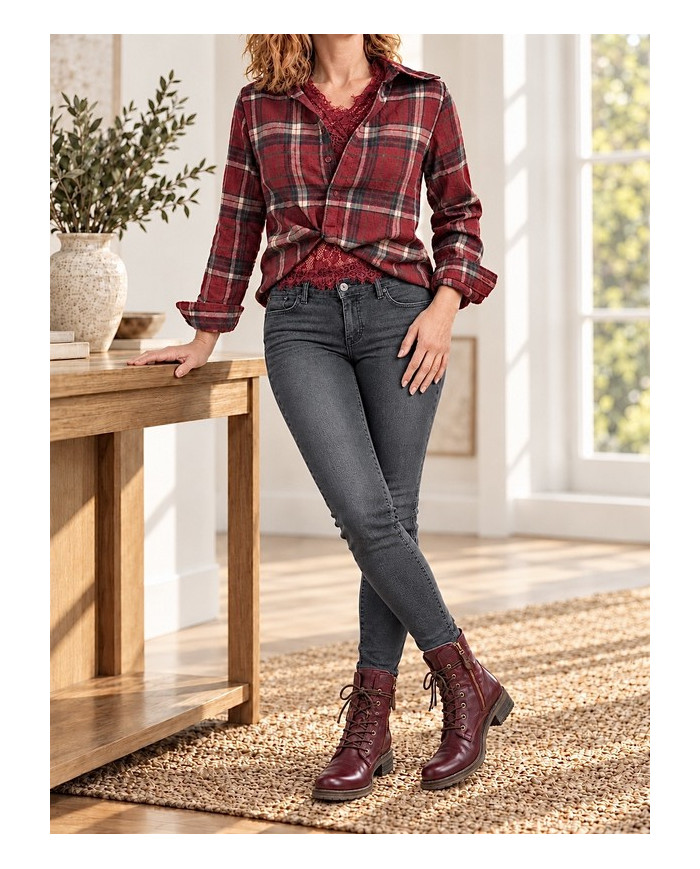 Chemise à carreaux & dentelle bordeaux Stéfie