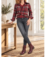 Chemise à carreaux & dentelle bordeaux Stéfie