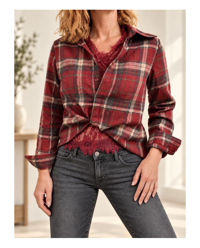 Chemise à carreaux & dentelle bordeaux Stéfie