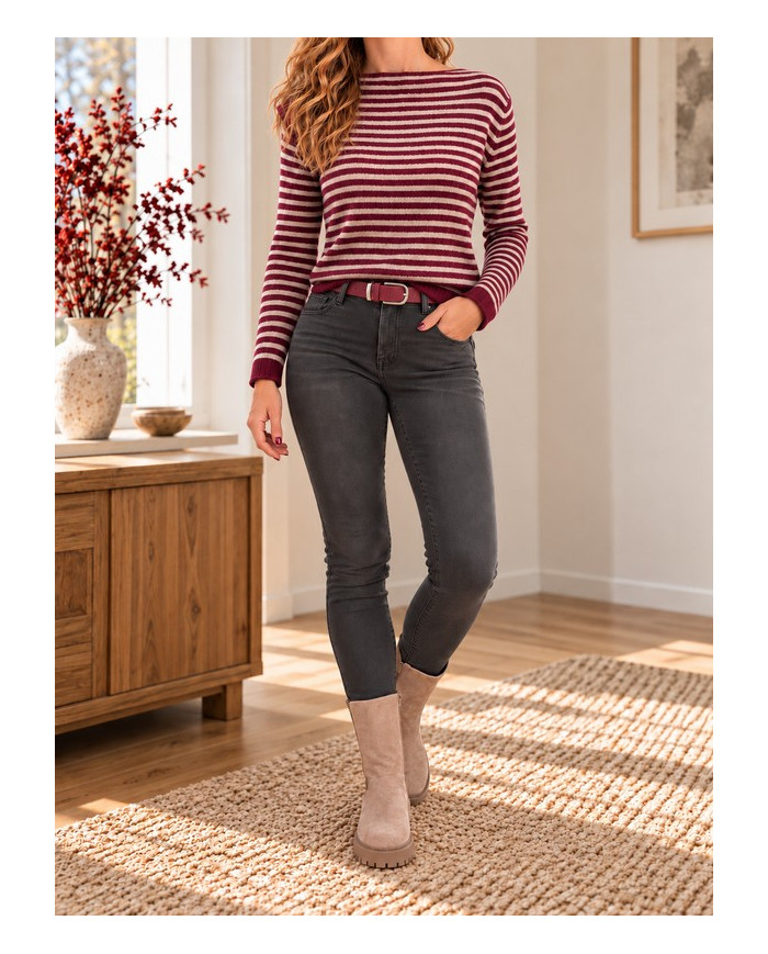 Pull rayé beige & bordeaux