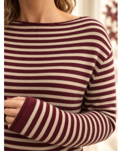 Pull rayé beige & bordeaux