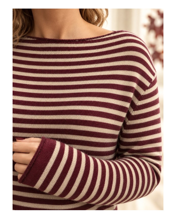 Pull rayé beige & bordeaux