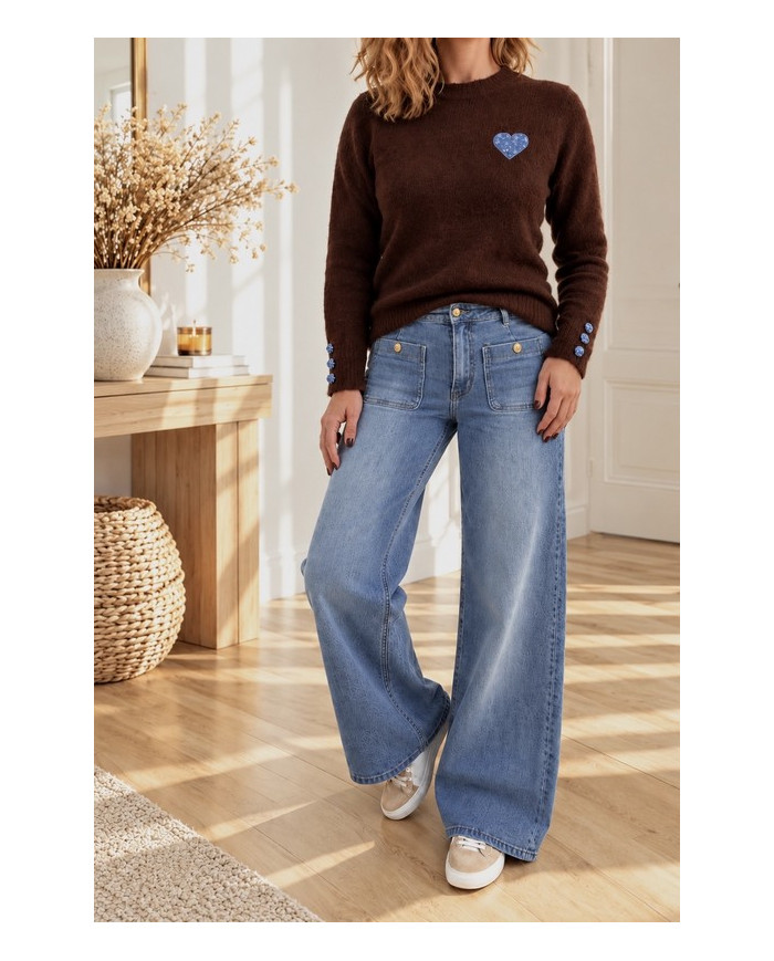 Pull chocolat & cœur bleu jean