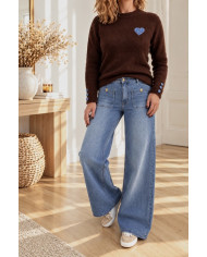 Pull chocolat & cœur bleu jean
