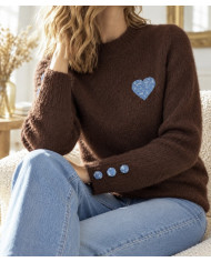 Pull chocolat & cœur bleu jean