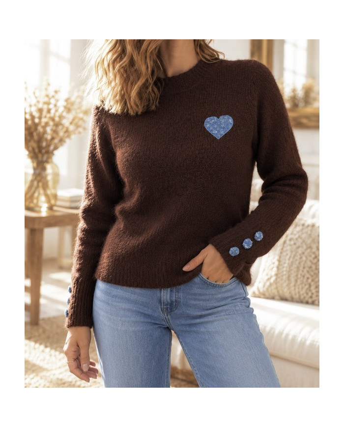 Pull chocolat & cœur bleu jean